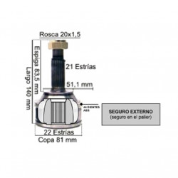 HOMOCINETICA L/RUEDA PARA RENAULT CLIO II/KANGOO 21E/22I ABS 44D