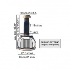HOMOCINETICA L/RUEDA PARA RENAULT CLIO II/KANGOO 21E/22I S/EXT.